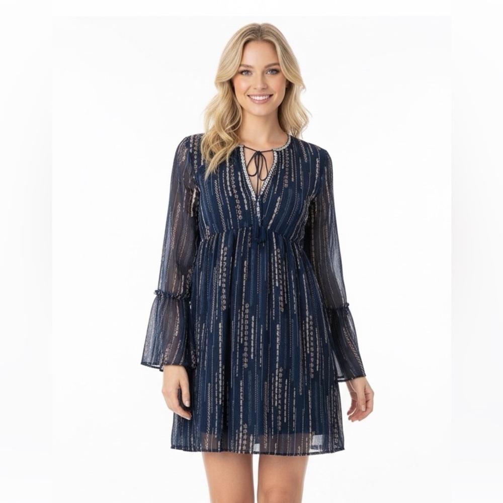 L Love small navy blue boho bell sleeve dress